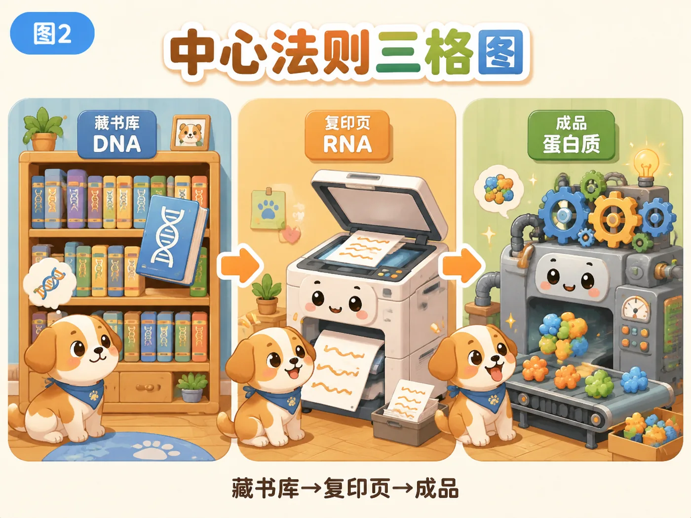 中心法则：藏书库→复印页→成品