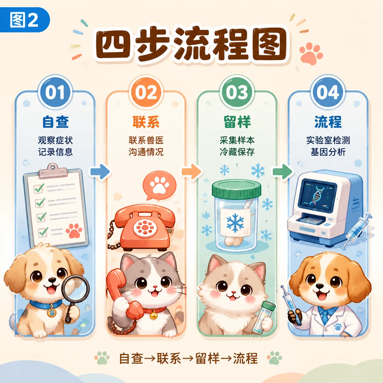 Four enrollment steps: self-check → contact the team → vet assessment and surgery-day sampling → sequencing, building, injection, follow-up
